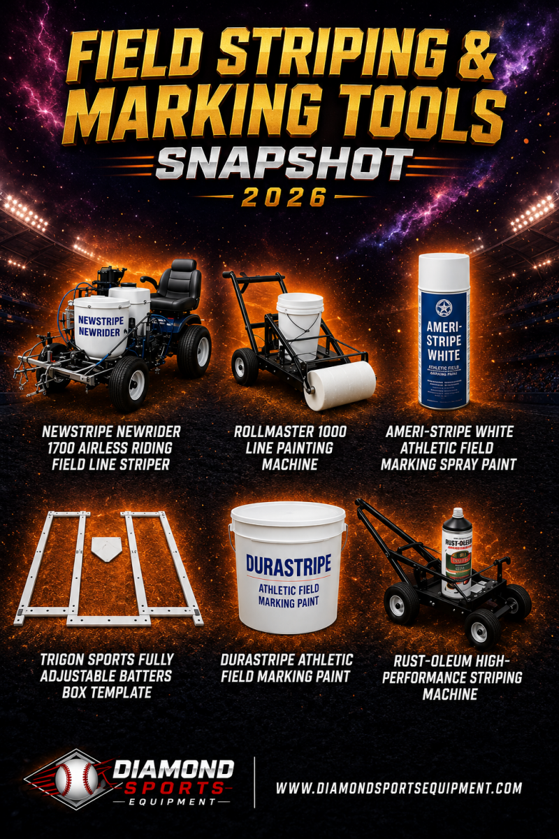 Field Striping & Marking Tools Snapshot (2026) featuring field line stripers, athletic marking paint, and batter’s box templates with Diamond Sports Equipment branding.