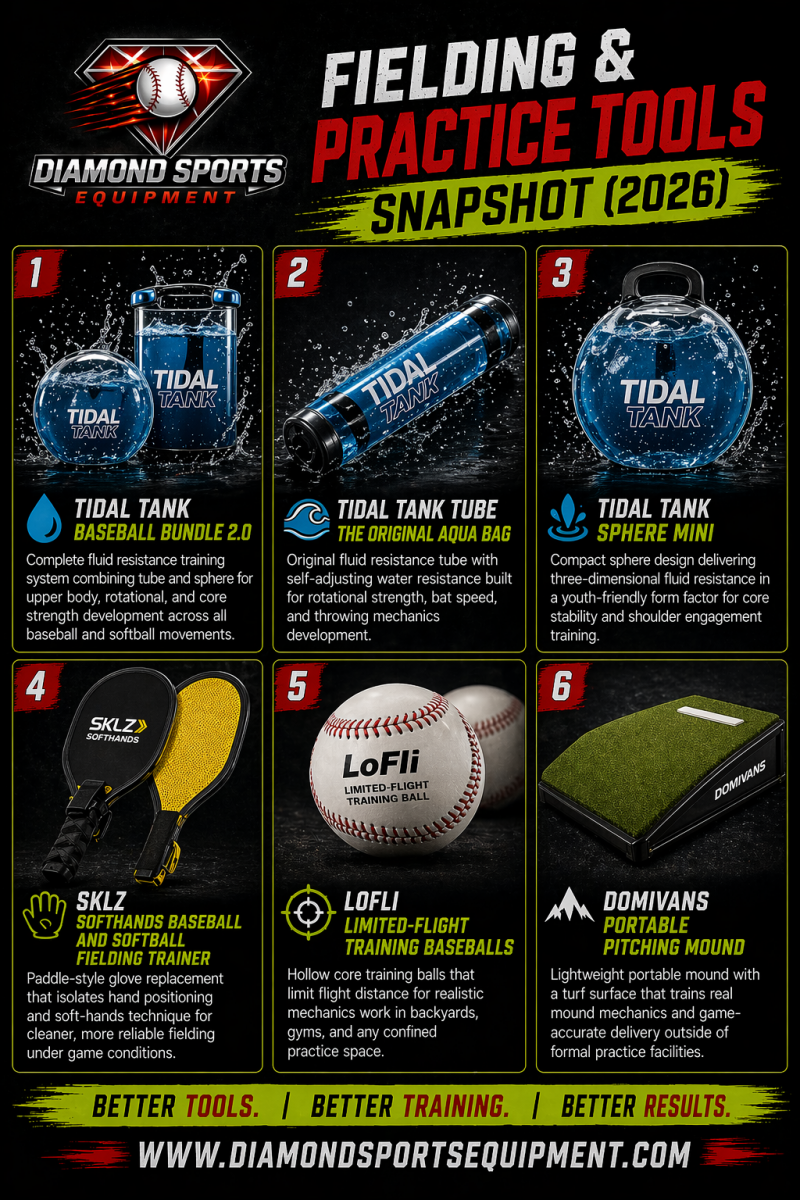 Fielding & practice tools snapshot infographic showing six training tools in a 2x3 grid with product names and Diamond Sports Equipment branding.