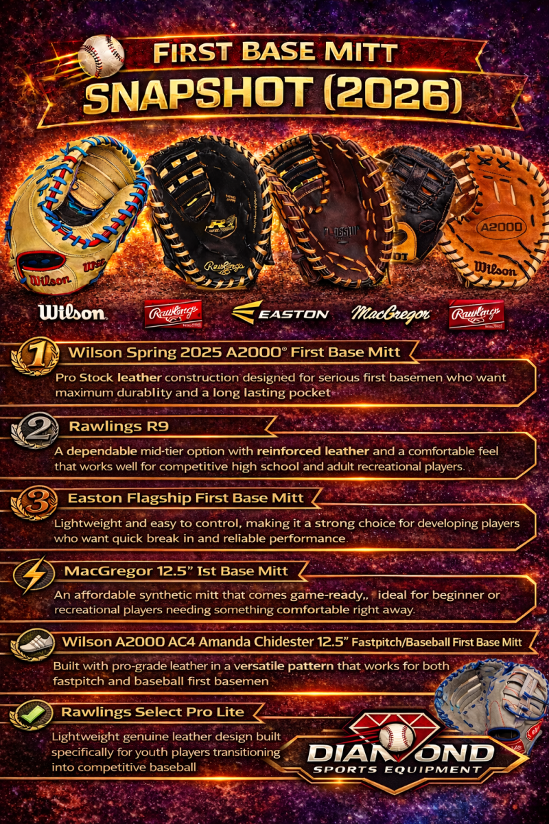 2026 first base mitt snapshot comparing the Wilson Spring 2025 A2000, Rawlings R9, Easton Flagship, MacGregor 12.5, Wilson A2000 AC4 Amanda Chidester, and Rawlings Select Pro Lite — Diamond Sports Equipment.