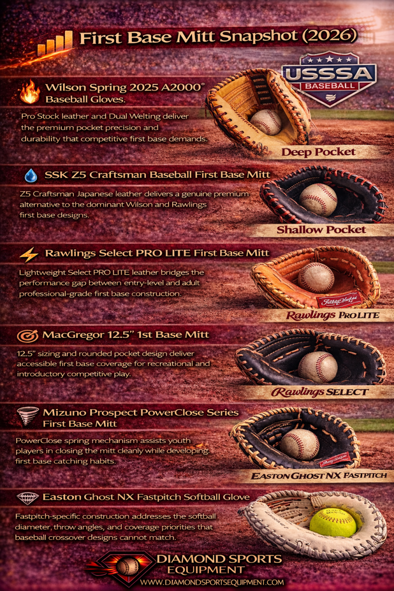 Comparison graphic featuring six first base mitts with performance-focused descriptions and Diamond Sports Equipment branding.