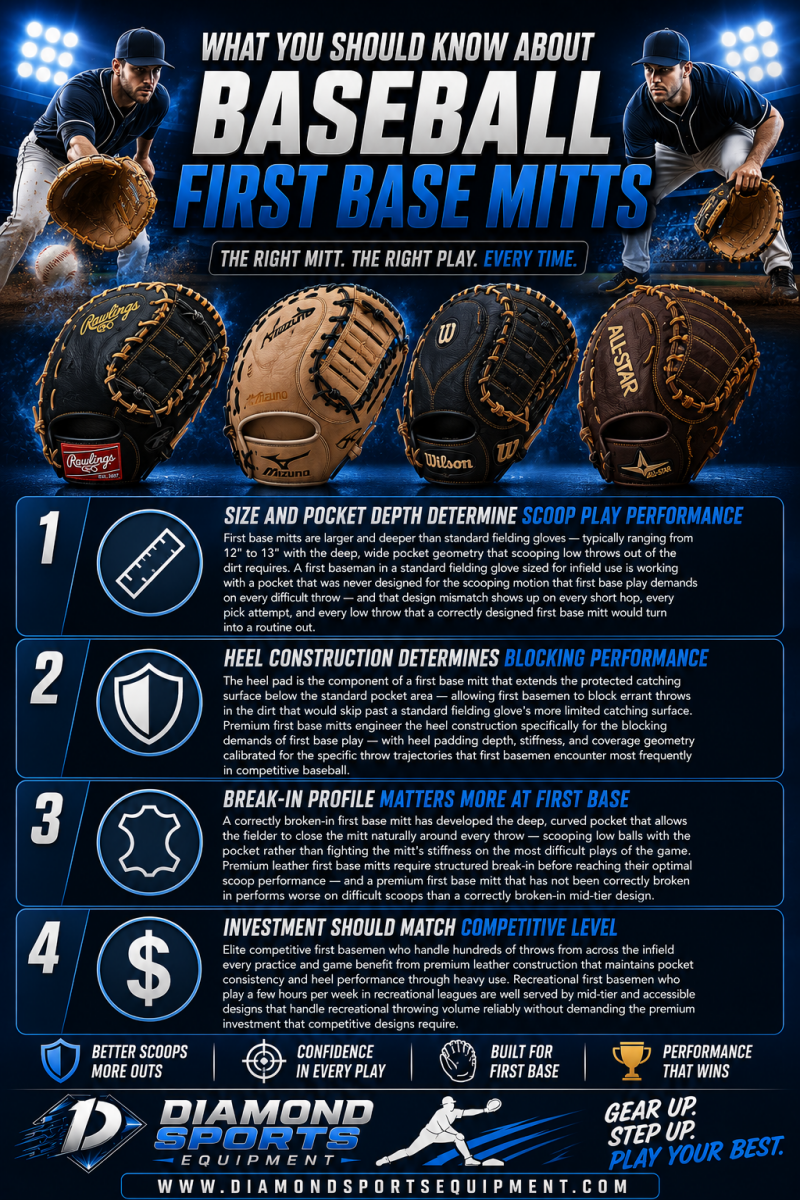 Baseball first base mitts infographic covering scoop performance, heel construction, break-in profile, and competitive-level glove selection.
