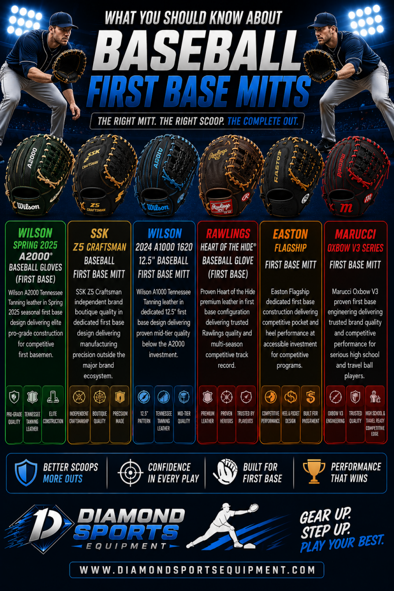 Baseball first base mitts snapshot featuring six first base mitt models for competitive baseball players in 2026.