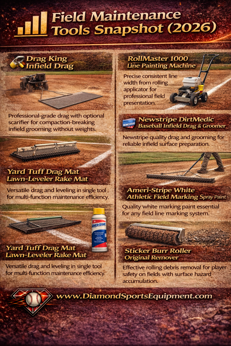 Field maintenance tools comparison graphic featuring Drag King infield drag, RollMaster 1000 line painter, Newstripe DirtMedic groomer, Yard Tuff drag mat, Ameri-Stripe marking paint, and Sticker Burr Roller remover