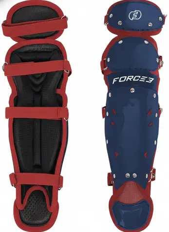 FORCE3 Defender Catcher Leg Guards displayed showing their advanced impact absorption construction and specialized protection design for competitive softball catchers.