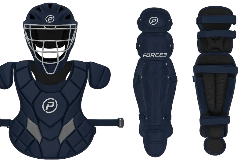 FORCE3 Defender Catchers Set displayed showing its NOCSAE certified advanced protection construction across all three matched components for elite competitive catchers.