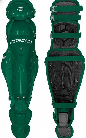 Force3 Pro Gear Solid State Catcher Shin Guards displayed showing their Dupont Kevlar construction and advanced impact absorption design for elite competitive catchers.