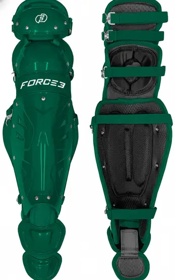 Force3 Pro Gear catcher's shin guards with Dupont Kevlar reinforcement and professional-grade strap system on a neutral background.