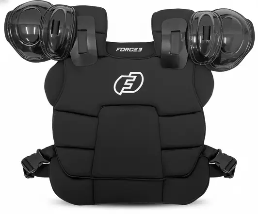 FORCE3 Ultimate Umpire Chest Protector with Dupont Kevlar reinforcement delivering elite impact absorption for competitive plate officiating at high school and collegiate levels.