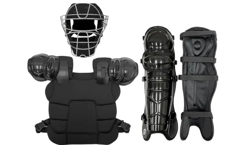 FORCE3 Ultimate Umpire Defender Traditional Mask Set with S3 Shock Suspension system absorbing cage impact energy before it reaches the skull cap on direct contact.