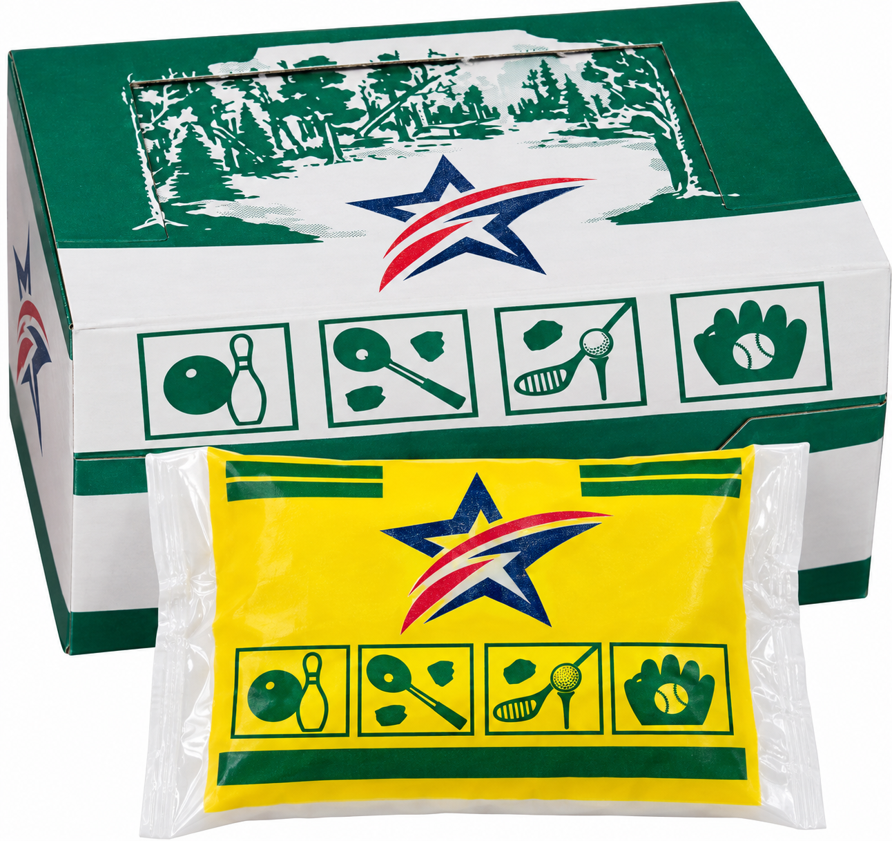 Rosin bag by Forrest, yellow pouch in clear wrap with green-and-white box.