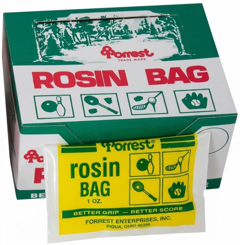 Forrest Rosin Bag dozen pack for baseball and multi-sport use, green retail box with individual 1 oz yellow-labeled bags.