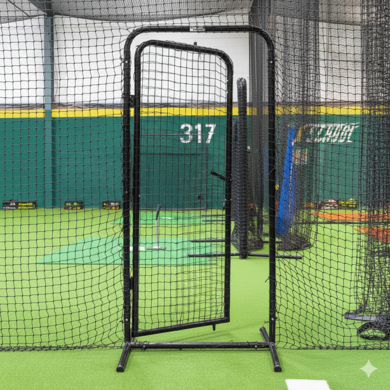 Freestanding steel frame batting cage door for baseball and softball cage entrances.