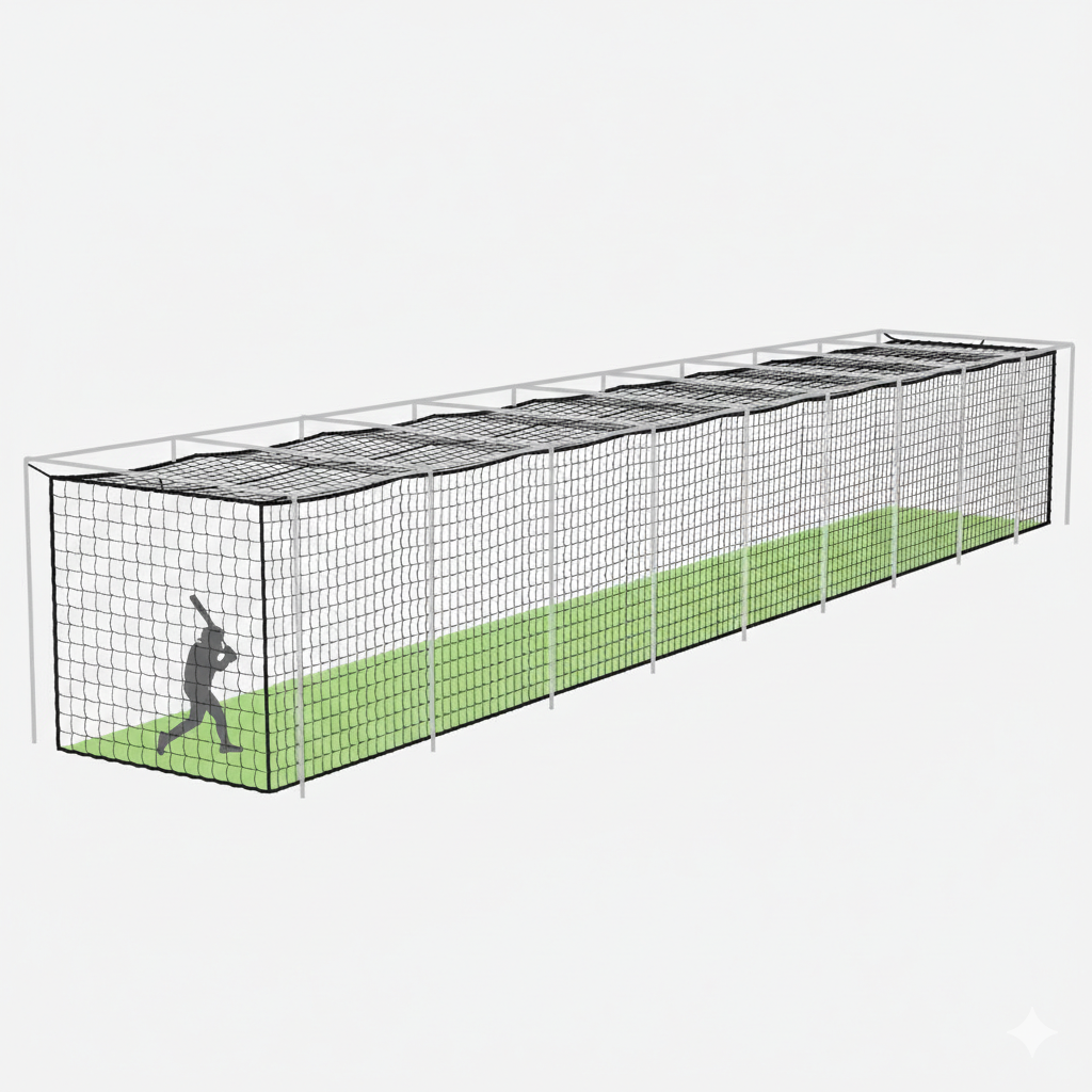 Complete baseball batting cage with frame and net for training and practice.