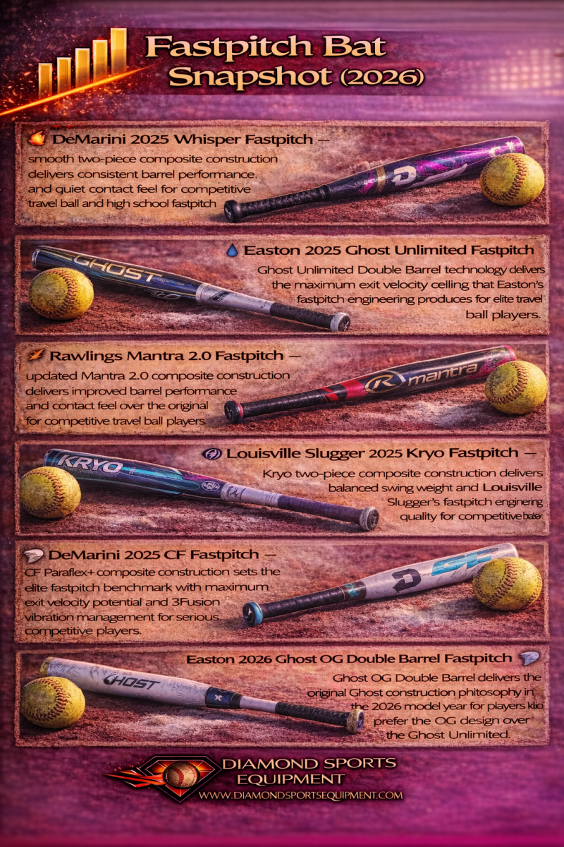 Comparison graphic featuring six fastpitch bats with performance-focused descriptions and Diamond Sports Equipment branding.