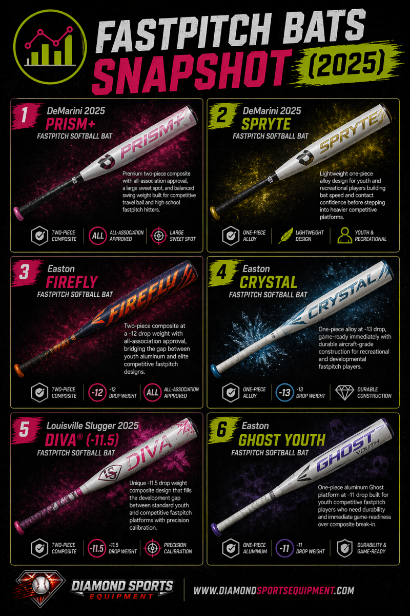 Fastpitch bats snapshot infographic showing six bats in a 2x3 grid with product names and Diamond Sports Equipment branding.