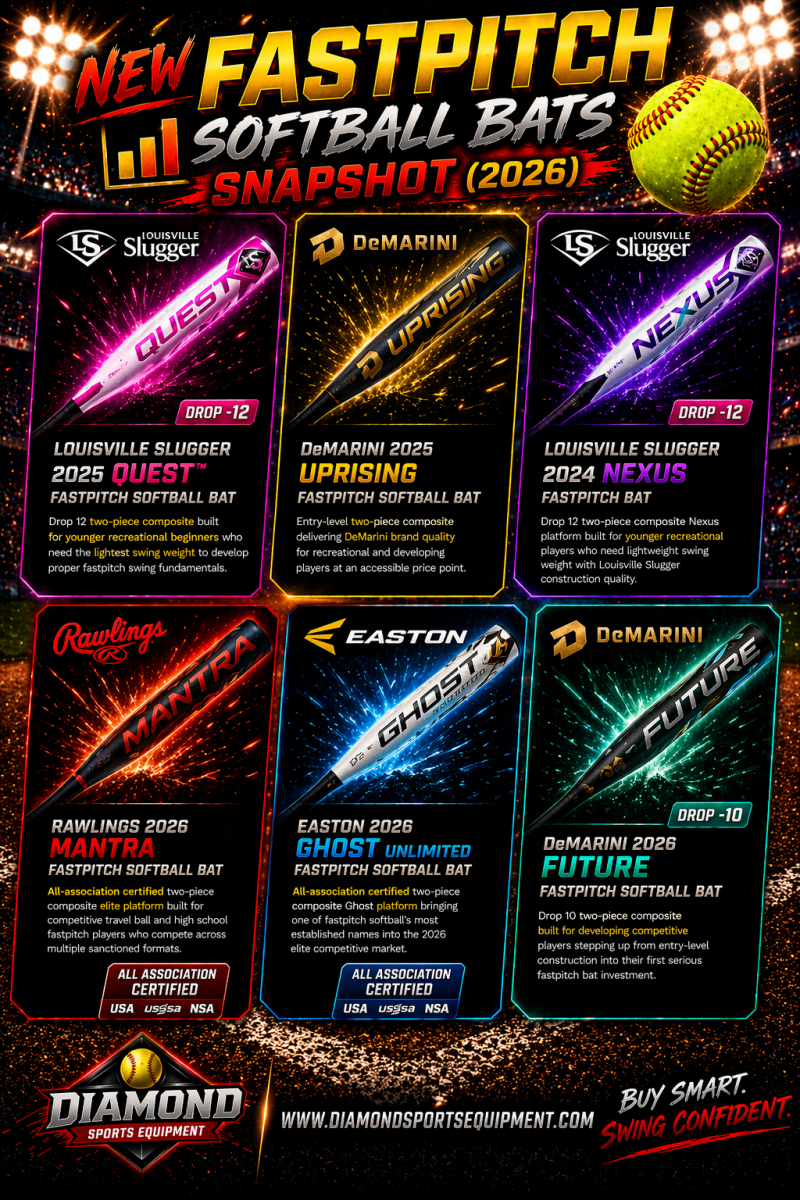 Fastpitch softball bats snapshot infographic featuring six 2026 models with labeled panels, vibrant stadium effects, and Diamond Sports Equipment branding.