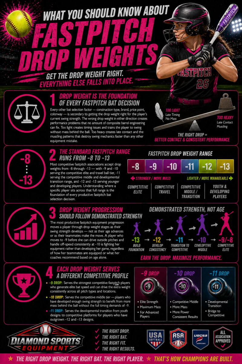 Fastpitch drop weights “What You Should Know” infographic explaining drop weight ranges, progression, and player fit with Diamond Sports Equipment branding in the bottom left.