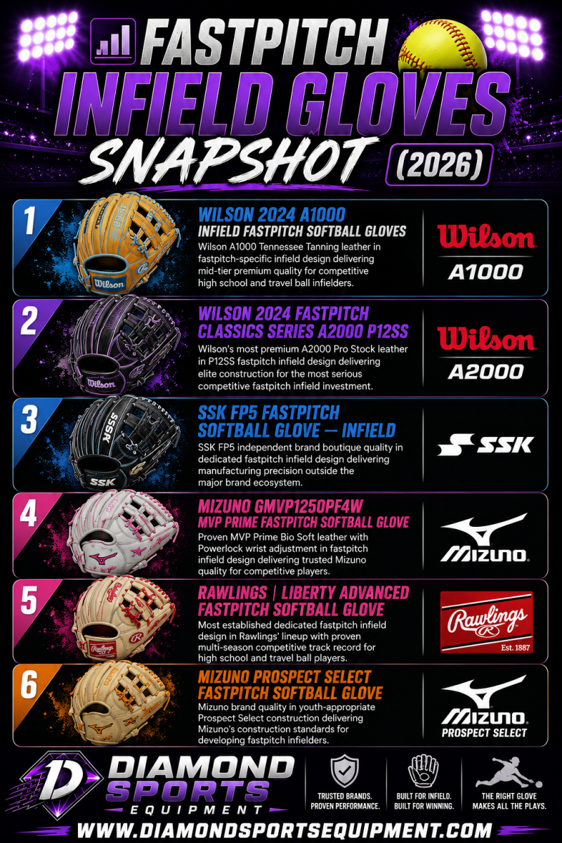 Fastpitch infield gloves snapshot showing six softball gloves in a vertical comparison layout on a purple stadium background with Diamond Sports Equipment branding and bright white website URL.