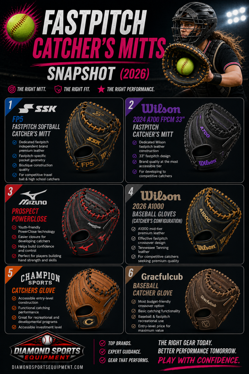 Fastpitch catcher’s mitts snapshot infographic showing six mitts in a clean 2x3 layout with product names and Diamond Sports Equipment logo and URL in the bottom left.