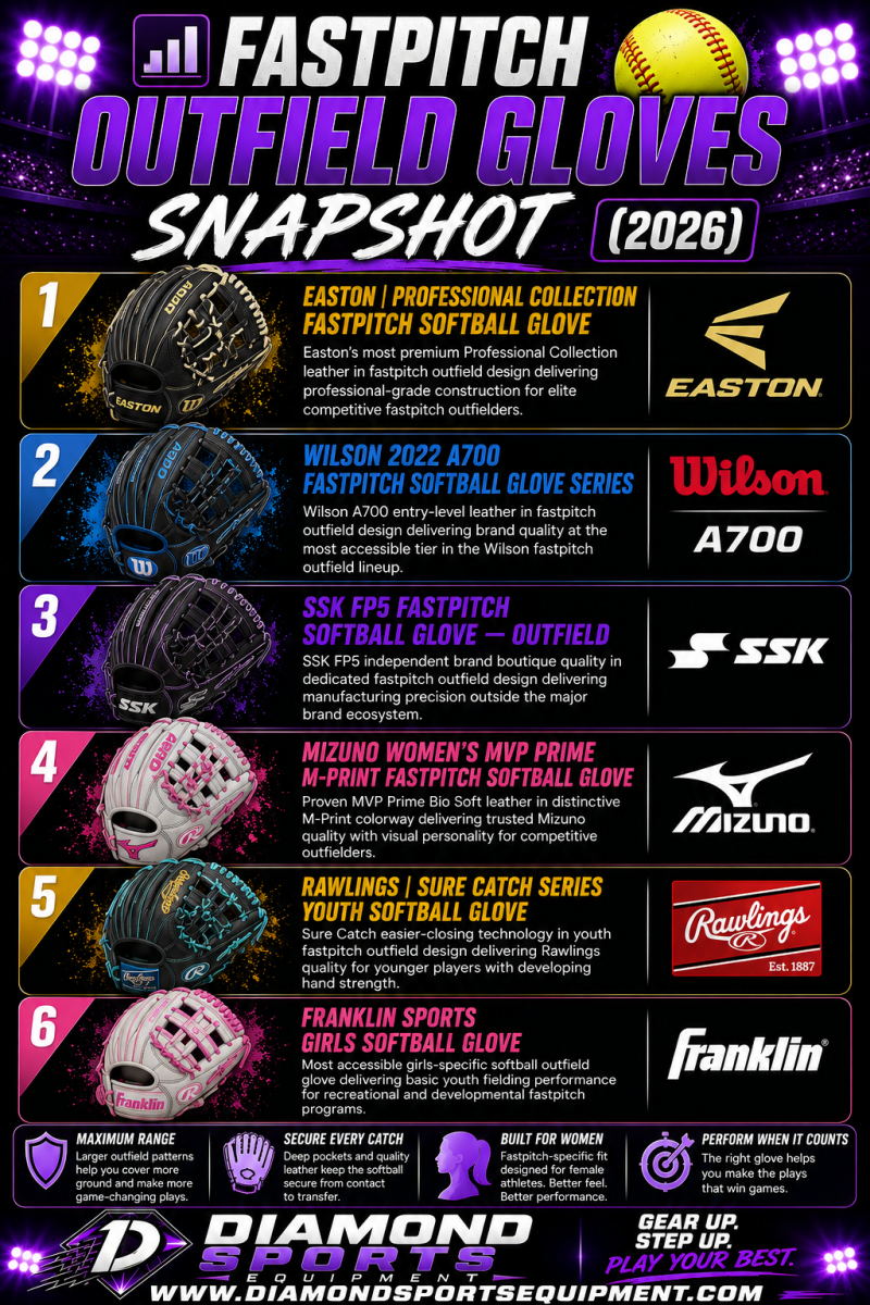 Fastpitch outfield gloves snapshot showing six softball gloves in a vertical comparison layout on a purple stadium background with Diamond Sports Equipment branding and bright white website URL.