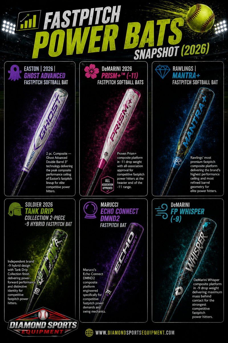 Fastpitch power bats snapshot infographic showing six bats in a clean 2x3 layout with product names and Diamond Sports Equipment branding in the bottom left.