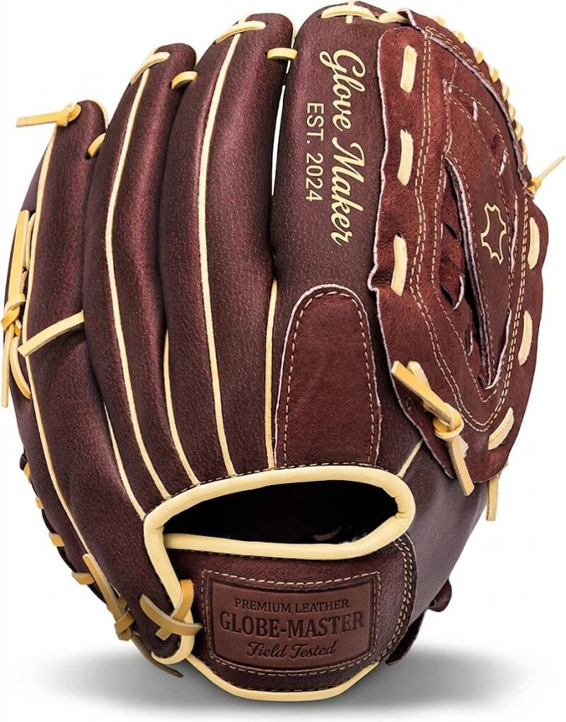 A brown leather baseball glove with a hand-stitched look, tan piping, and white lacing is shown, featuring embroidered text reading “Glove Maker EST. 2024” and a stamped patch reading “Globe-Master Field Tested”.