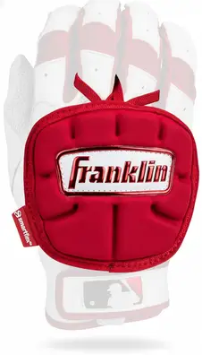 Franklin Sports Baseball Hand and Wrist Guard shown attached to a batting glove highlighting its extended wrist protection panel.