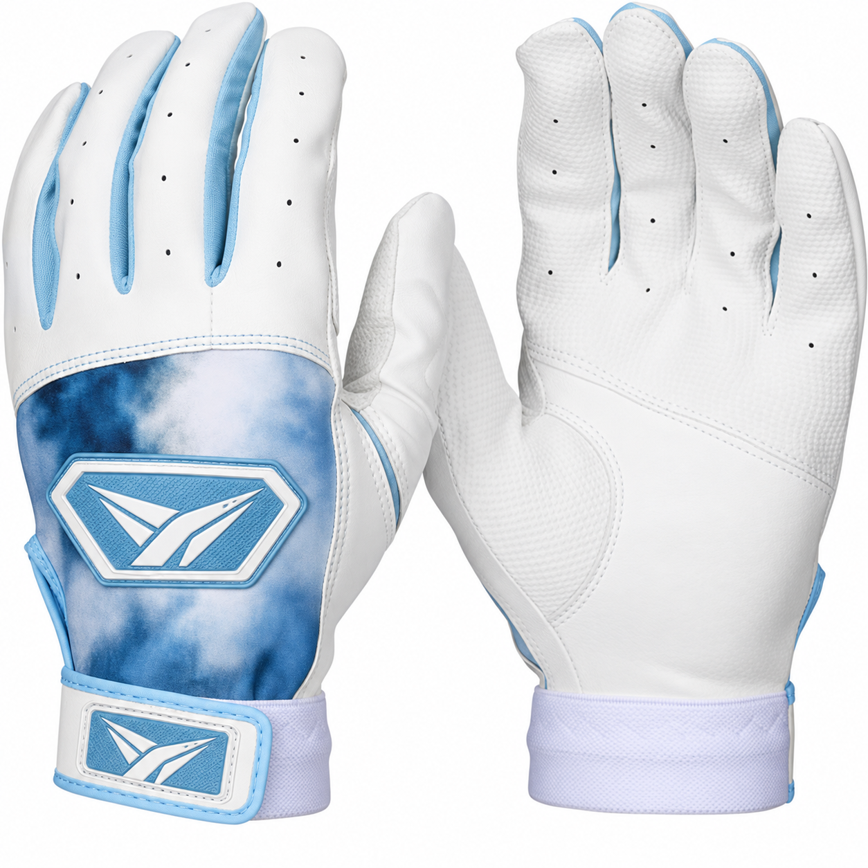Batting gloves by Franklin Sports for fastpitch, in white and blue tie-dye.