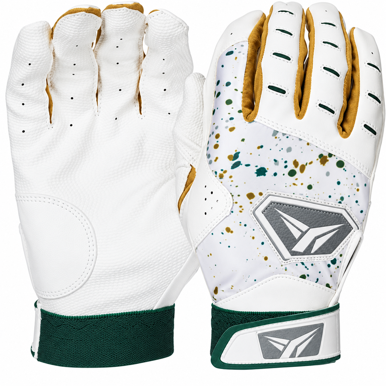 Batting gloves by Franklin Sports in white, with green and gold accents.
