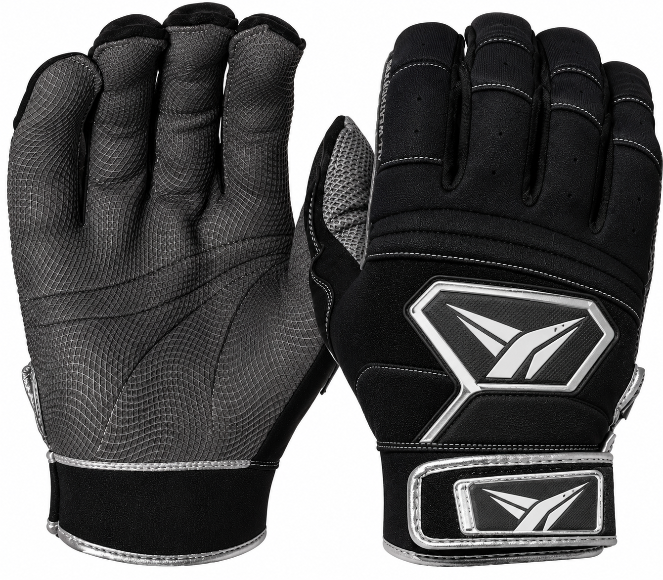 Batting gloves by Franklin Sports for all weather, in black with gray palms.