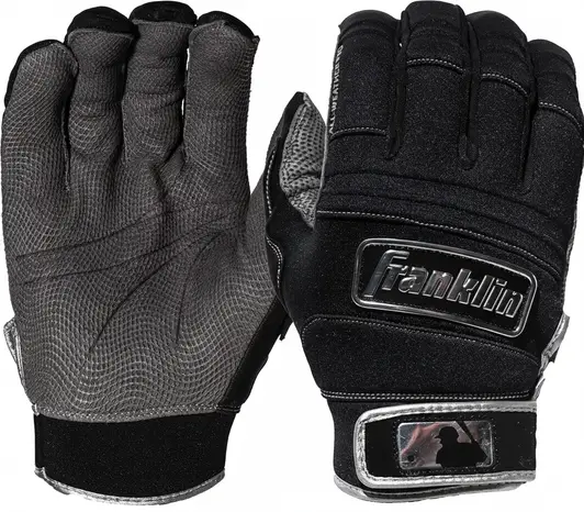 Franklin Sports MLB All Weather Pro batting gloves with all-weather synthetic construction delivering condition-versatile grip consistency across wet and cold outdoor baseball conditions.