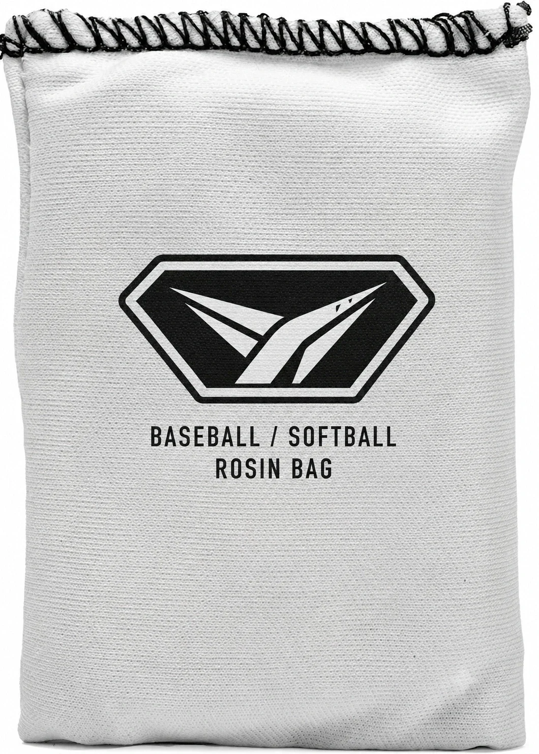 Rosin bag by Franklin Sports, white canvas pouch with a black whipstitched top.