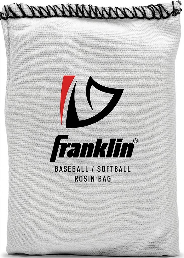 Franklin Sports MLB Gator Grip rosin bag for baseball and softball, white with black stitching and Franklin logo.