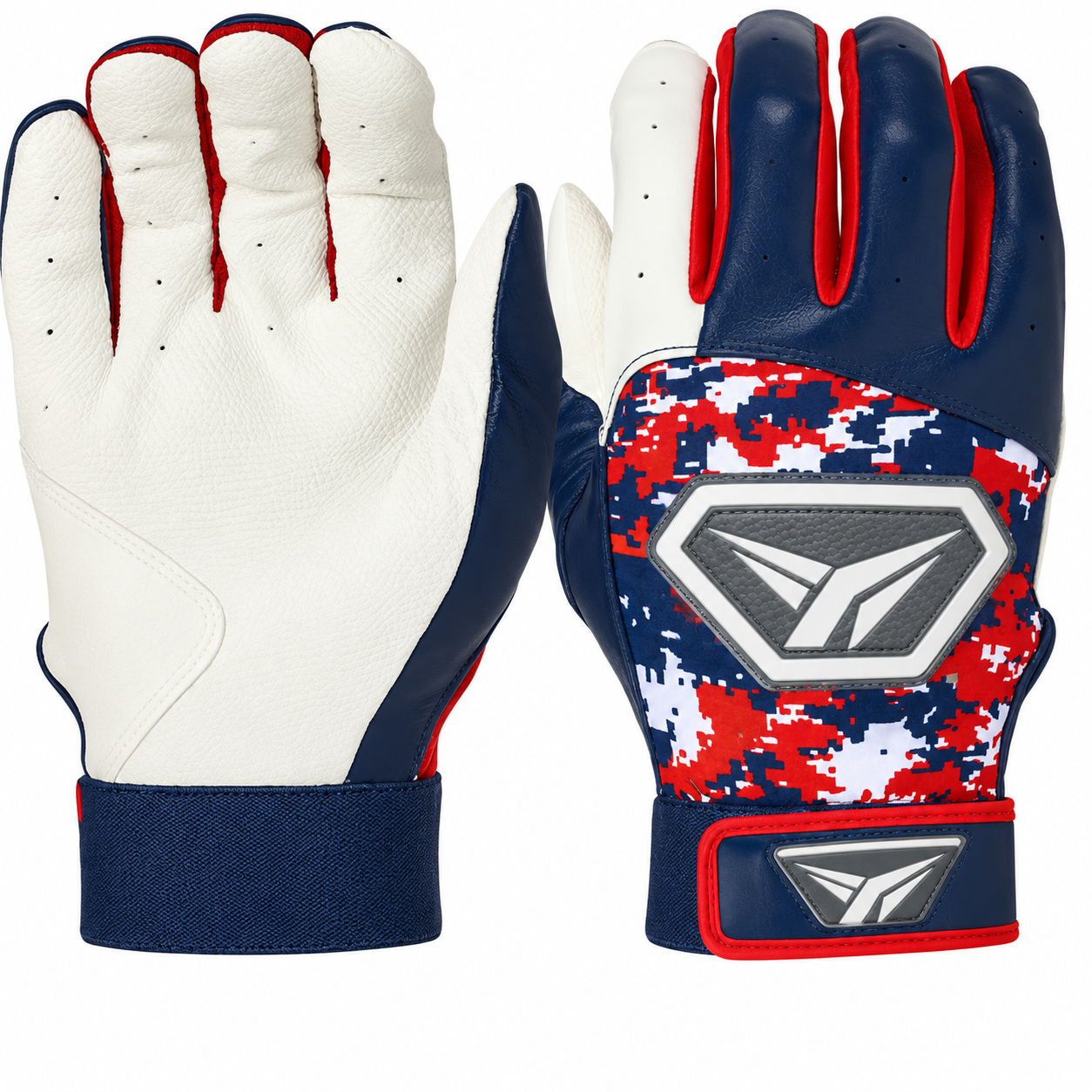 Batting gloves by Franklin Sports for youth, in red, white, and blue camo.