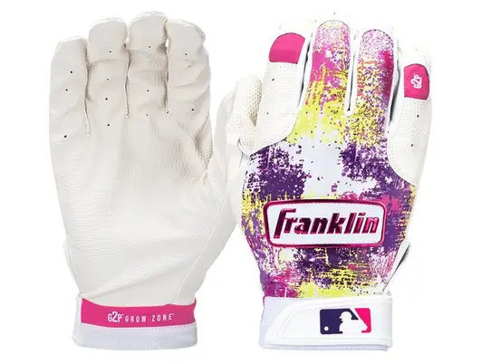 Franklin Sports MLB Youth Teeball Flexible Pro Batting Gloves displayed showing their improved flexible construction and step-up design for advancing t-ball and early youth players.