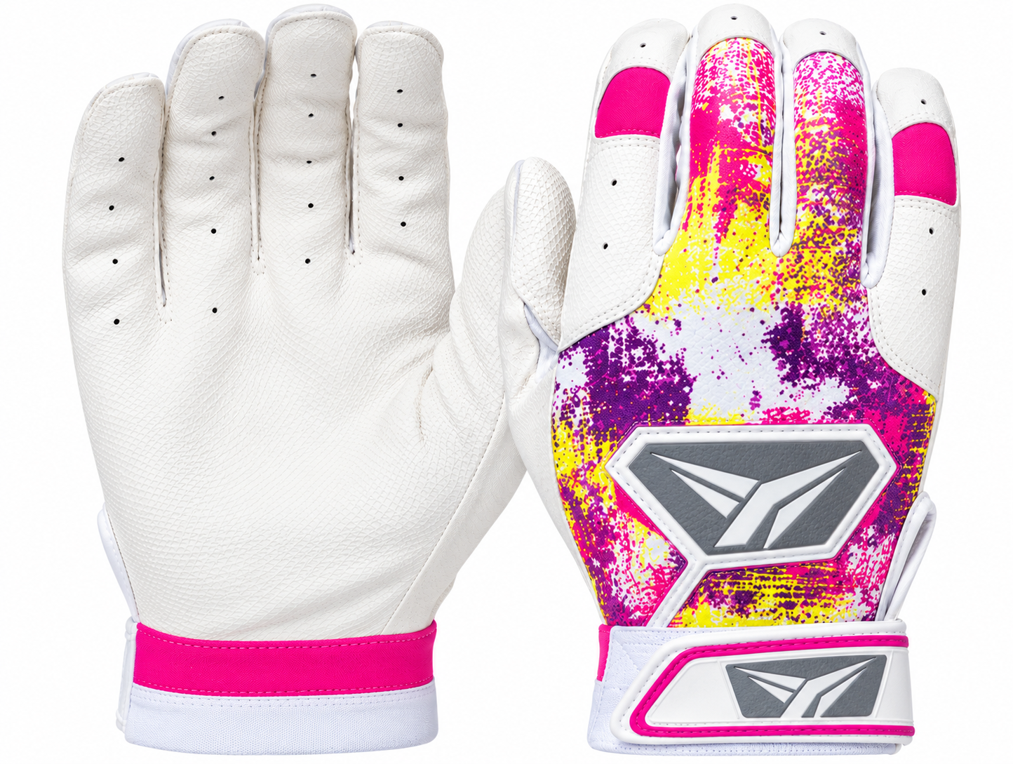 Batting gloves by Franklin Sports for tee ball, in white with pink splatter.