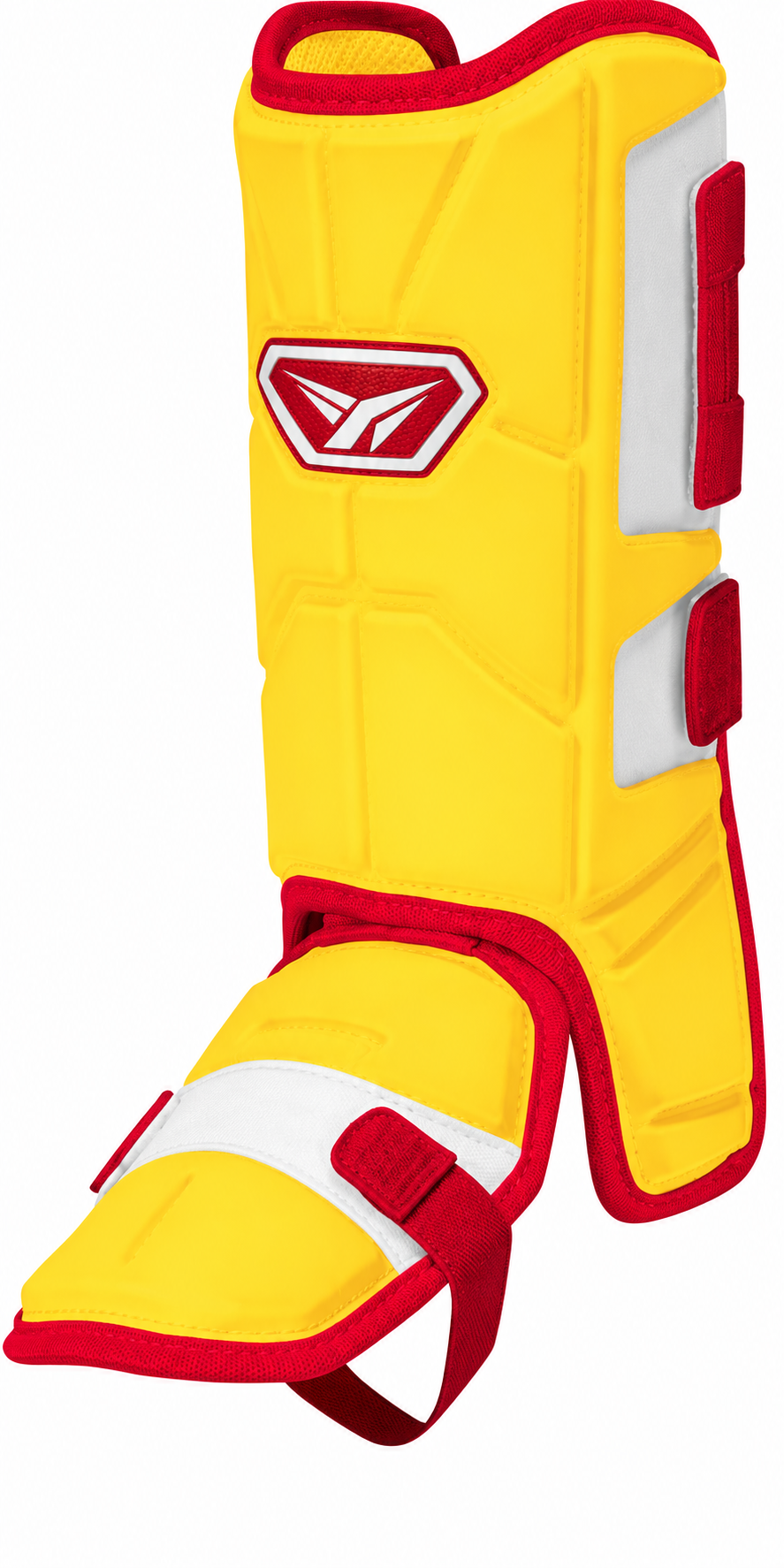 Baseball leg guard by Franklin Sports, in yellow with red trim and straps.