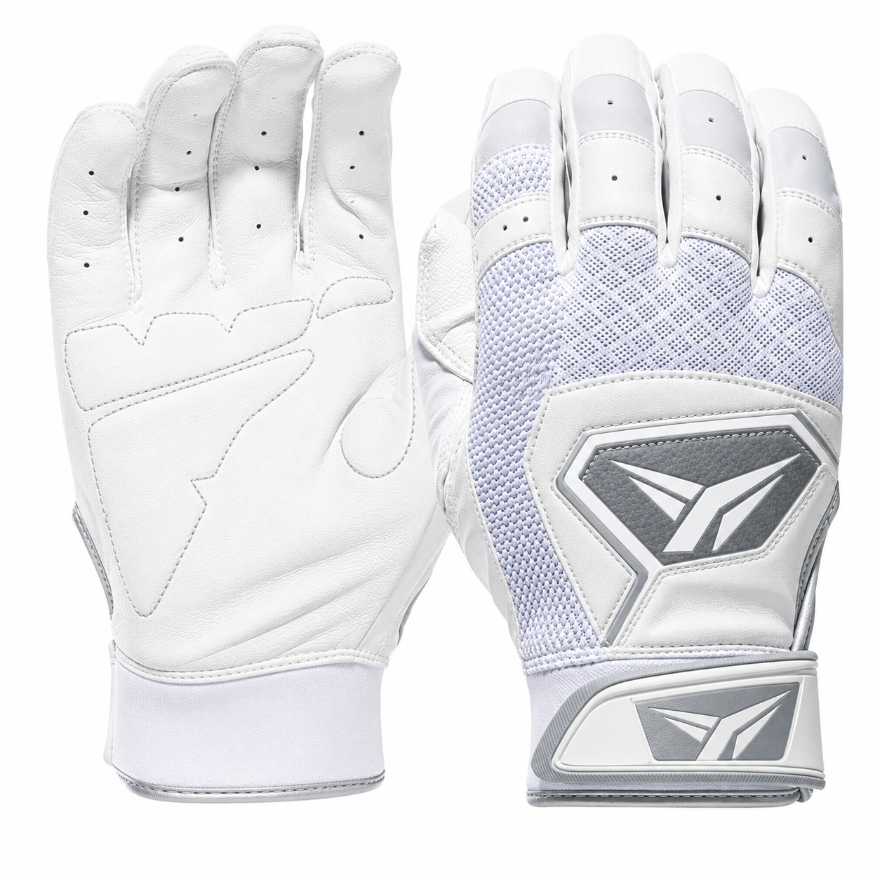 Batting gloves by Franklin Sports with shock absorbing palms, in all white.