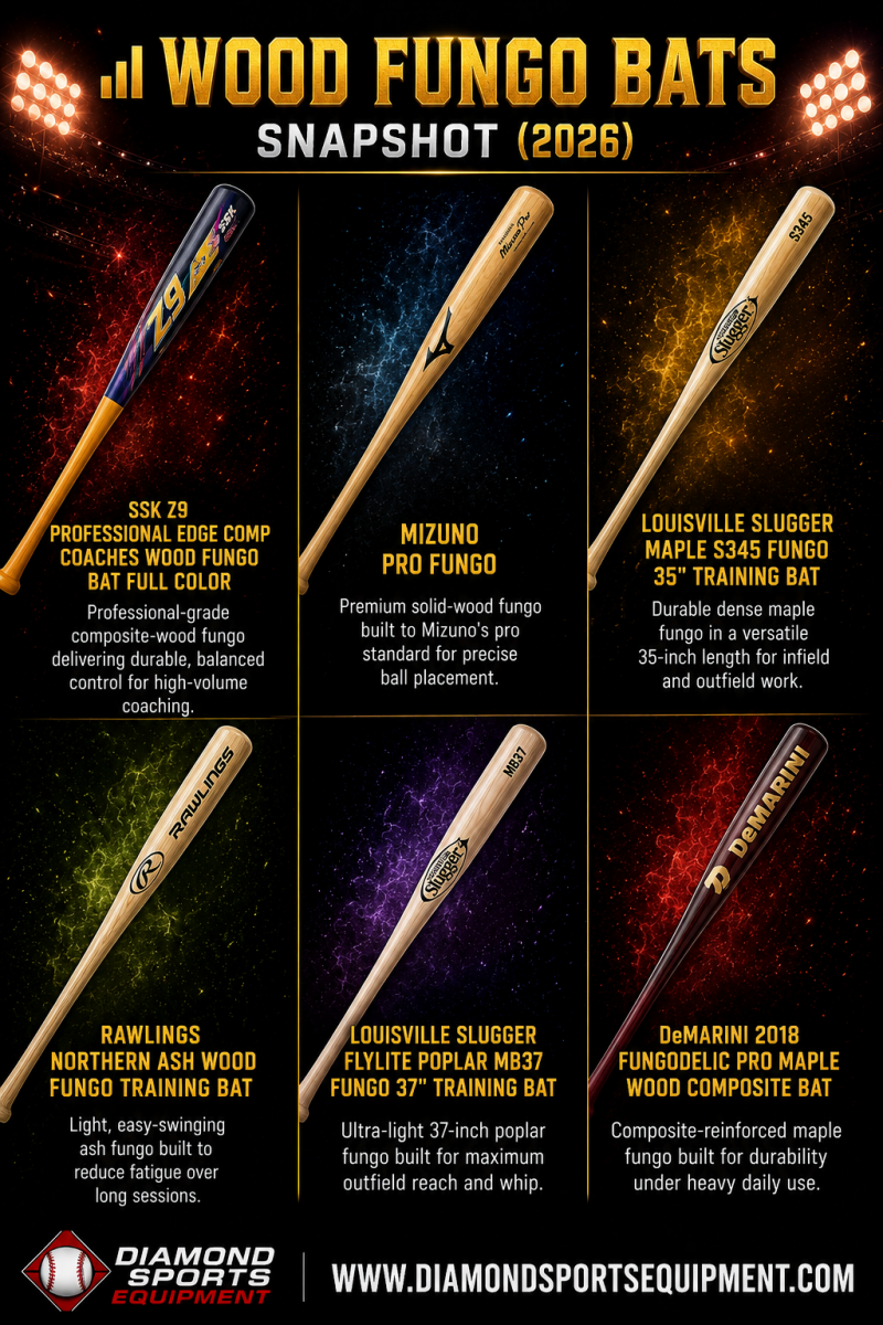 Wood fungo bat comparison featuring SSK, Mizuno, Louisville Slugger, Rawlings, and DeMarini training bats for baseball coaching practice.