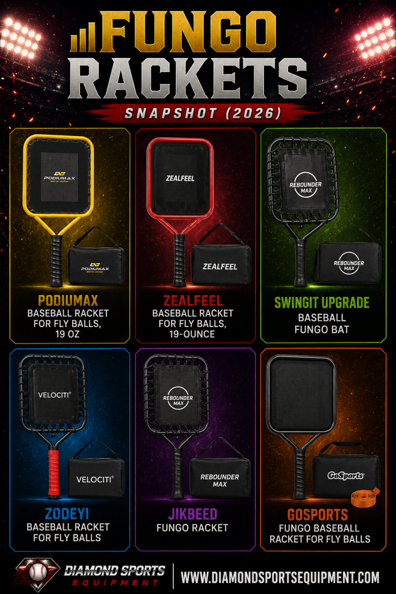 ZEALFEEL, PodiuMax, SwingIt, ZODEYI, Jikbeed, and GoSports fungo rackets comparison snapshot for baseball and softball coaching drills.