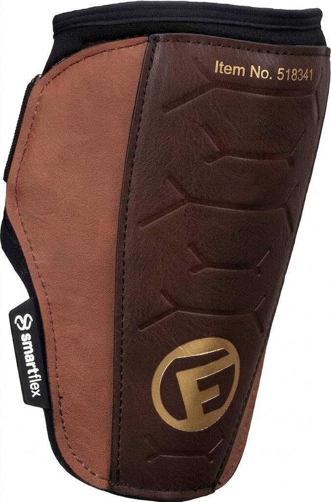 G-Form Heritage baseball elbow guard in two-tone brown leather-look finish with gold G-Form logo.