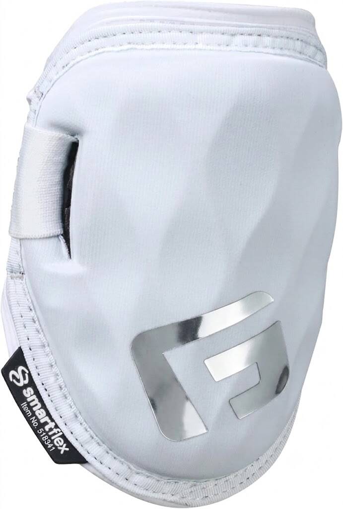 G-Form Shockwave fastpitch elbow guard in white with silver chrome G-Form logo and SmartFlex padding.