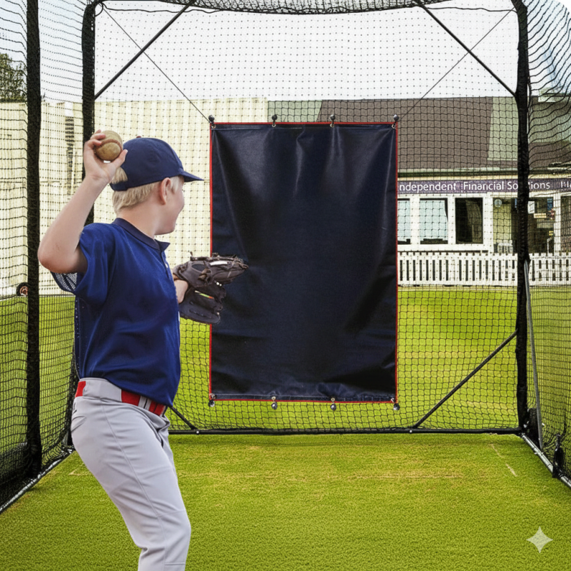 Padded batting cage backstop with strike zone target for baseball and softball training.