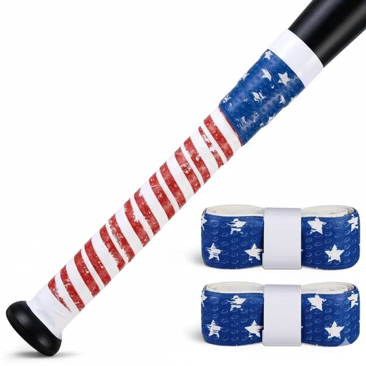 POUMEE 2PCS American Flag Bat Grip Tape 1.5mm showing patriotic flag design and cushioned 1.5mm thickness construction on a neutral background.