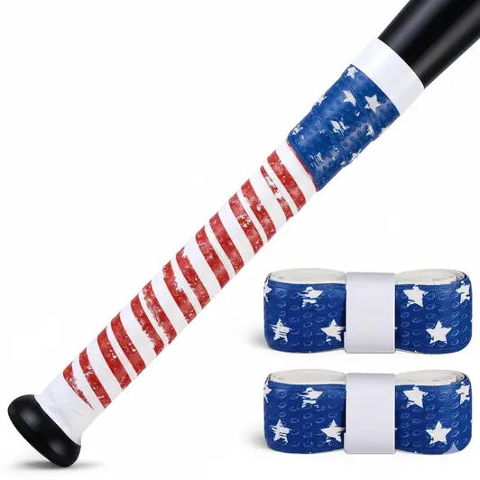 POUMEE 2PCS American Flag bat grip tape 1.5mm with patriotic graphic and intermediate thickness delivering visual identity and middle-ground cushioning between the standard 1.1mm and thick 1.75mm market alternatives.
