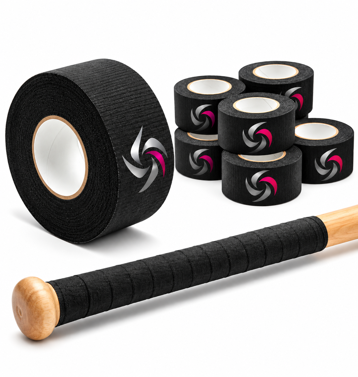 Bat grip tape by Gemscream, in black cloth on rolls, 6-pack.