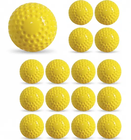 GKK 12 Pack Pitching Machine Softballs displayed showing their dimpled construction and standard 12-pack pitching machine softball design.