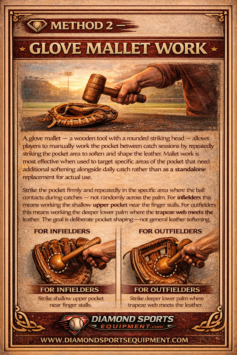 Baseball glove break-in method using mallet to shape pocket and soften leather in targeted contact areas