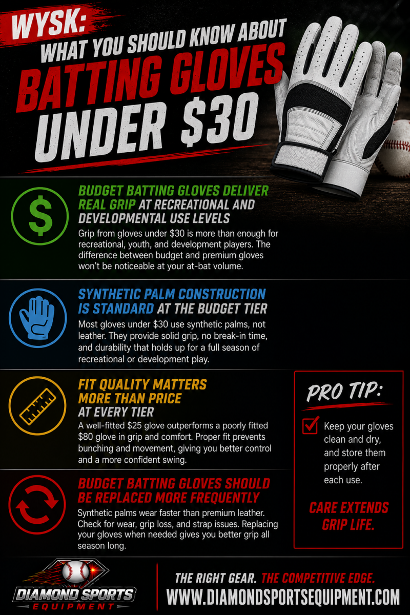 Franklin CFX Pro, Rawlings Workhorse, Under Armour Clean Up, Mizuno MVP, Easton Walk-Off, and Nike Alpha Huarache batting gloves featured in a Batting Gloves Under $30 infographic.