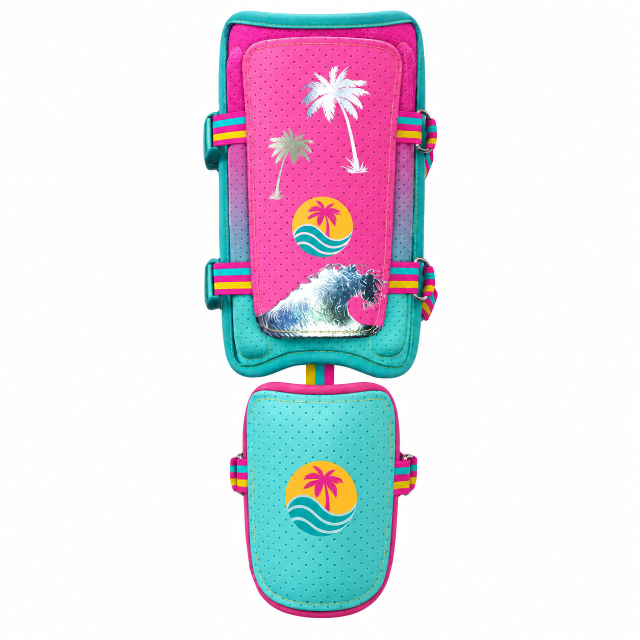 Baseball leg guard by Goat'd, in pink and teal with adjustable straps.
